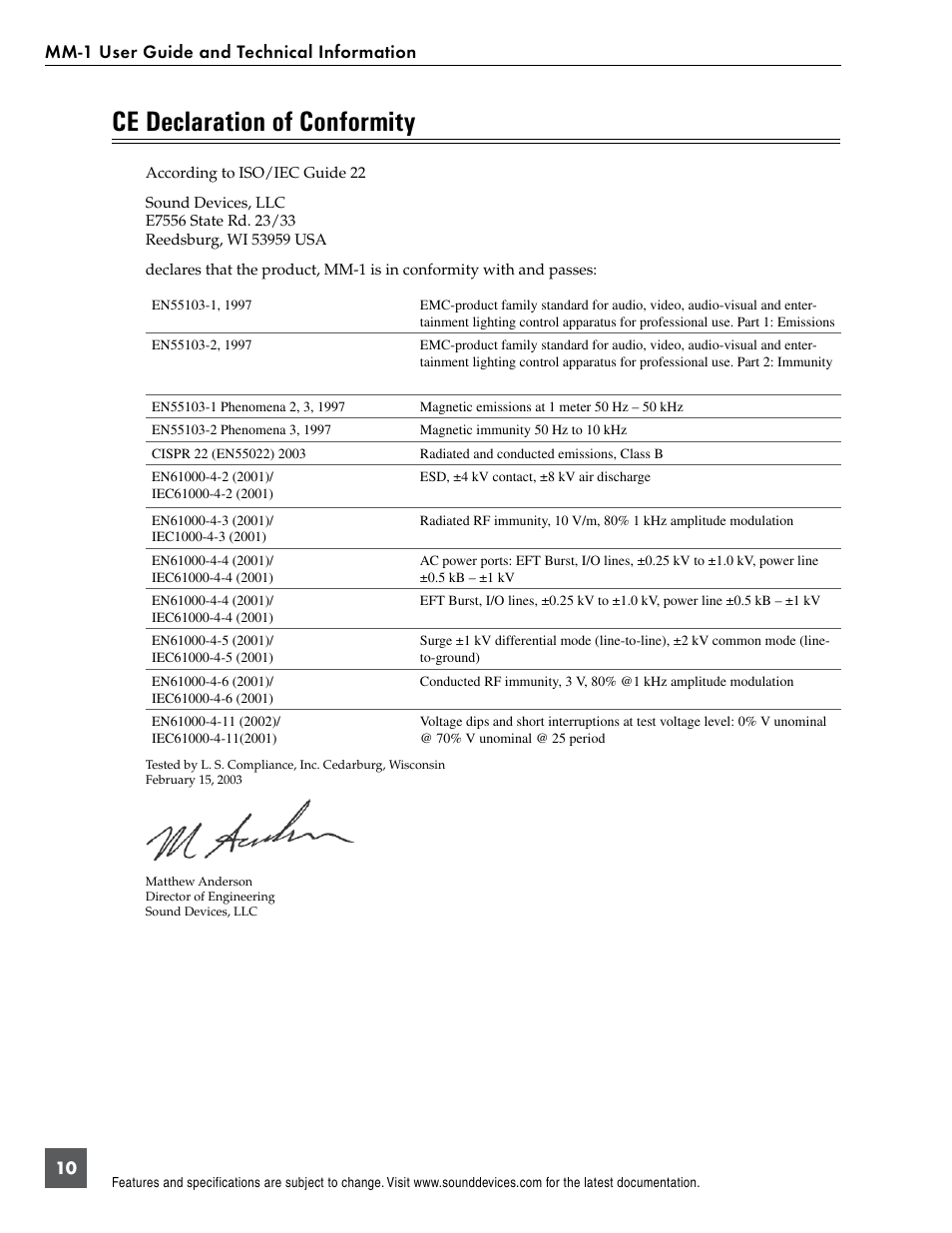 Ce declaration of conformity, Mm-1 user guide and technical information 10 | Sound Devices MM-1 User Manual | Page 10 / 14