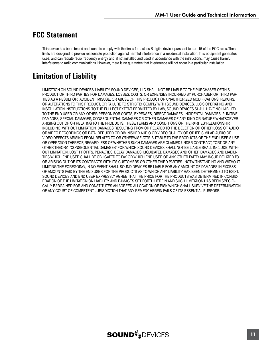 Fcc statement, Limitation of liability | Sound Devices MM-1 User Manual | Page 11 / 14