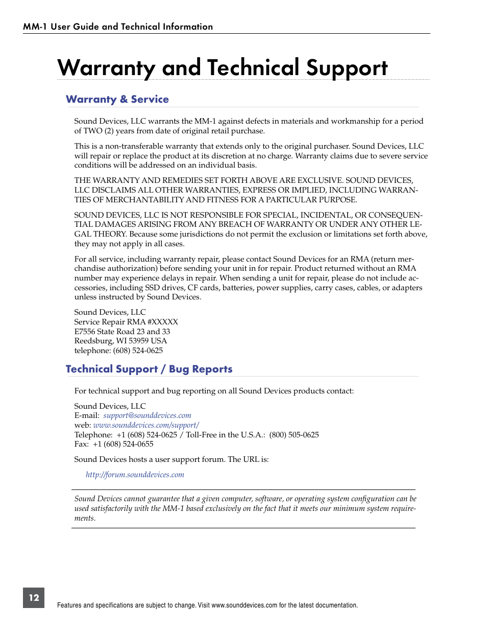 Warranty and technical support, Warranty & service, Technical support / bug reports | Sound Devices MM-1 User Manual | Page 12 / 14