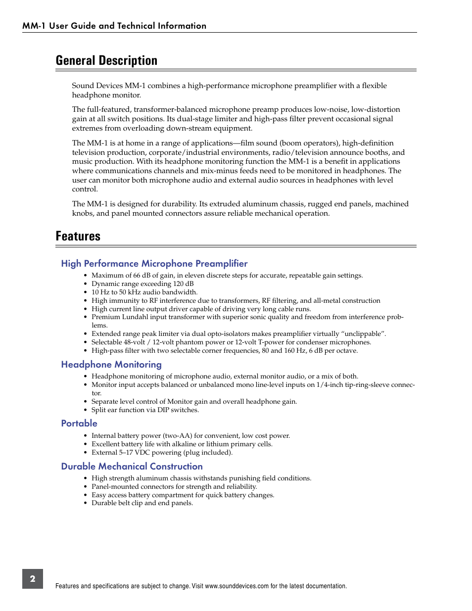 General description, Features, High performance microphone preamplifier | Headphone monitoring, Portable, Durable mechanical construction | Sound Devices MM-1 User Manual | Page 2 / 14