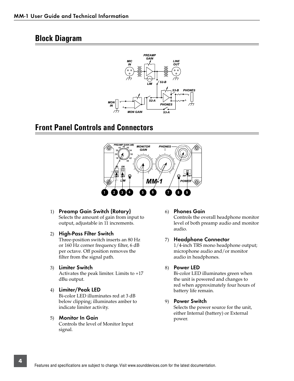 Block diagram front panel controls and connectors | Sound Devices MM-1 User Manual | Page 4 / 14