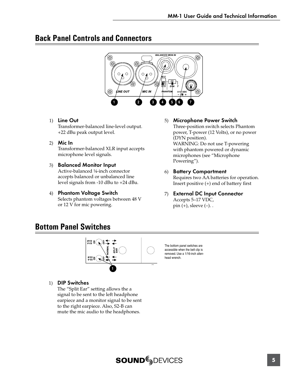 Back panel controls and connectors, Bottom panel switches | Sound Devices MM-1 User Manual | Page 5 / 14