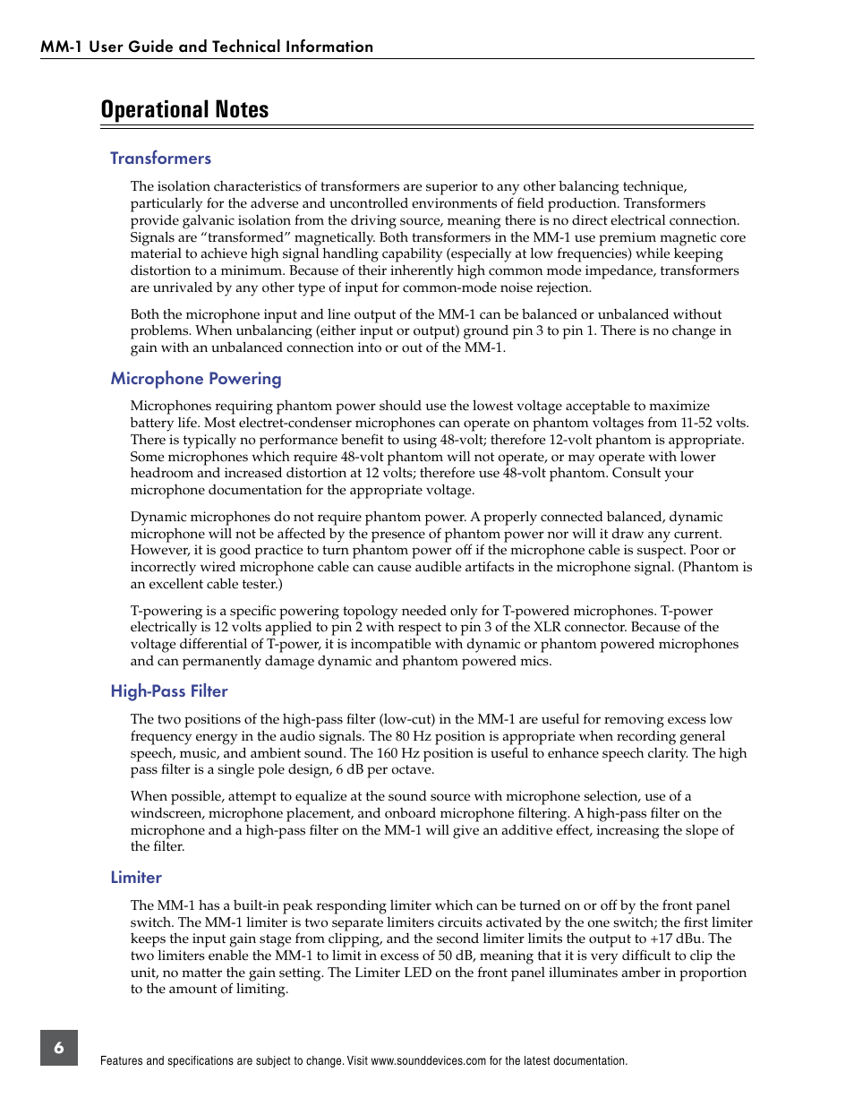 Transformers, Microphone powering, High-pass filter | Limiter | Sound Devices MM-1 User Manual | Page 6 / 14