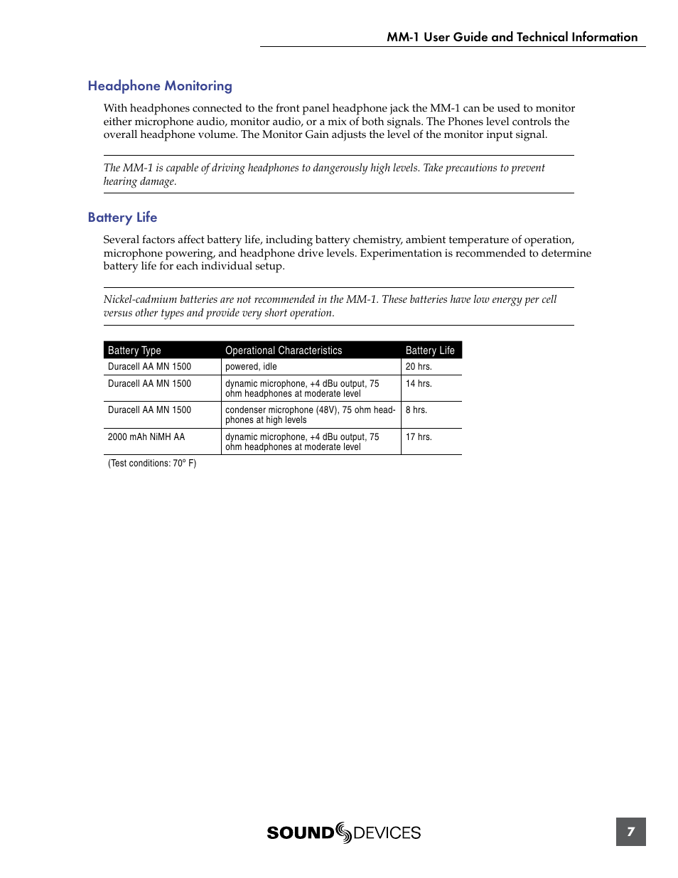 Headphone monitoring, Battery life | Sound Devices MM-1 User Manual | Page 7 / 14