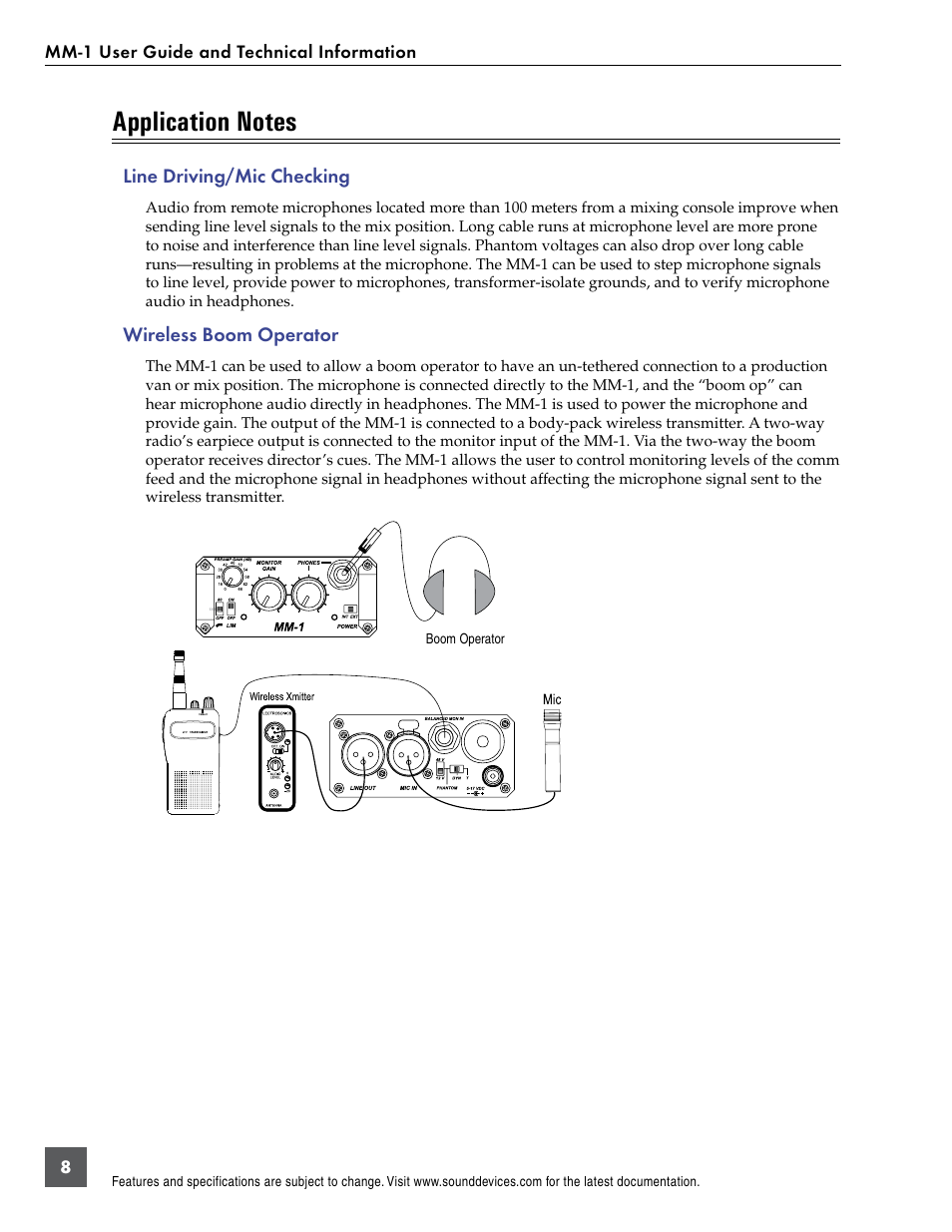 Line driving/mic checking, Wireless boom operator | Sound Devices MM-1 User Manual | Page 8 / 14