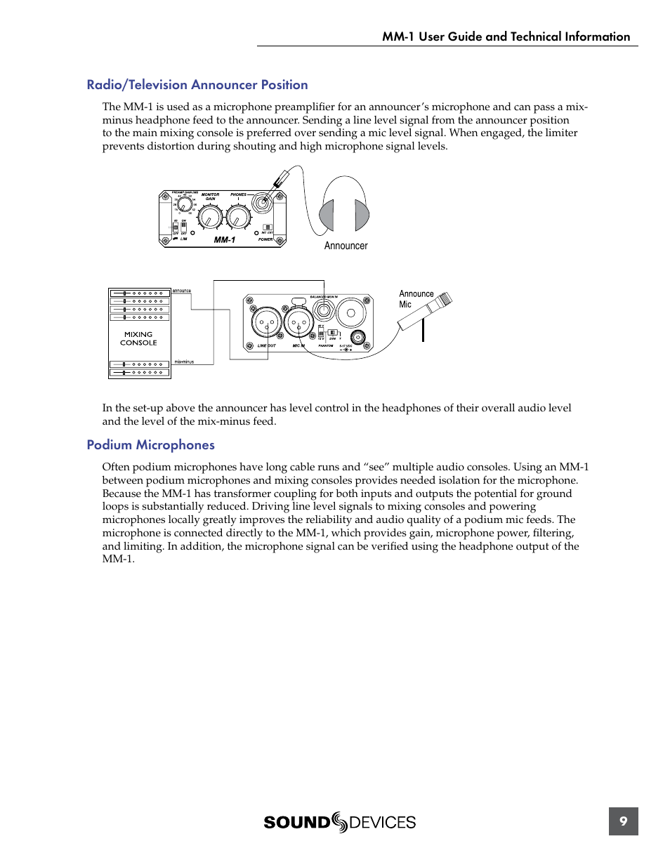 Radio/television announcer position, Podium microphones | Sound Devices MM-1 User Manual | Page 9 / 14
