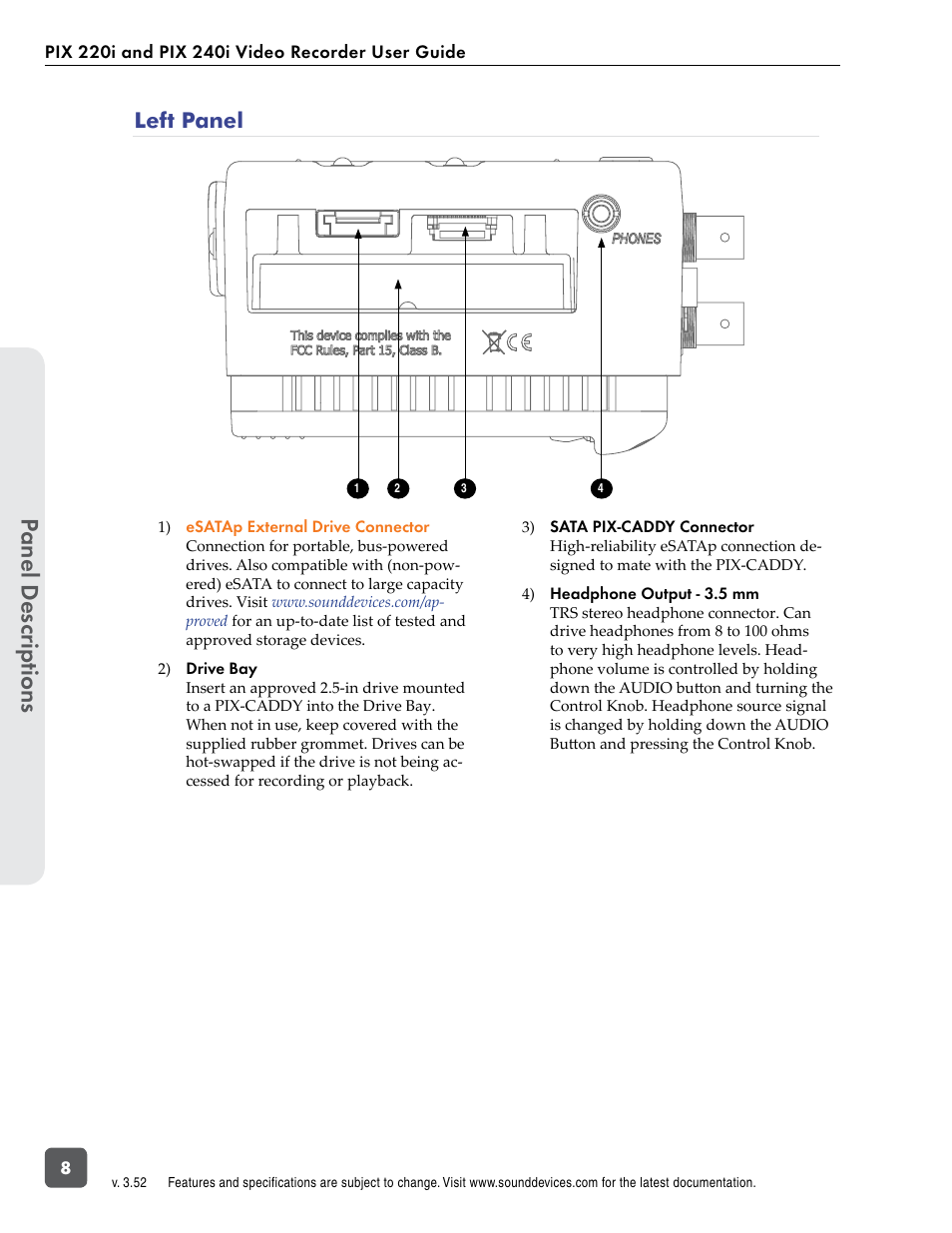 Left panel, Panel descr ip tions | Sound Devices PIX 220i User Manual | Page 10 / 75