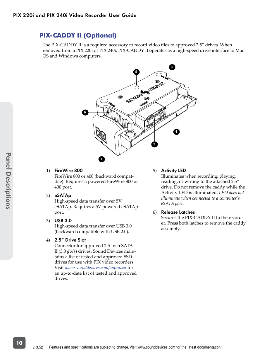 Pix-caddy ii (optional), Panel descr ip tions | Sound Devices PIX 220i User Manual | Page 12 / 75