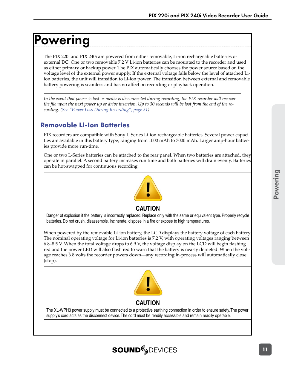 Powering, Removable li-ion batteries, Po w er ing | Sound Devices PIX 220i User Manual | Page 13 / 75