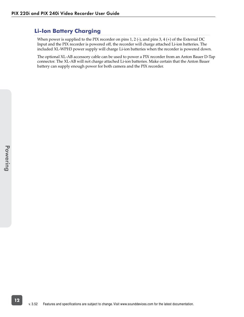 Li-ion battery charging, Po w er ing | Sound Devices PIX 220i User Manual | Page 14 / 75