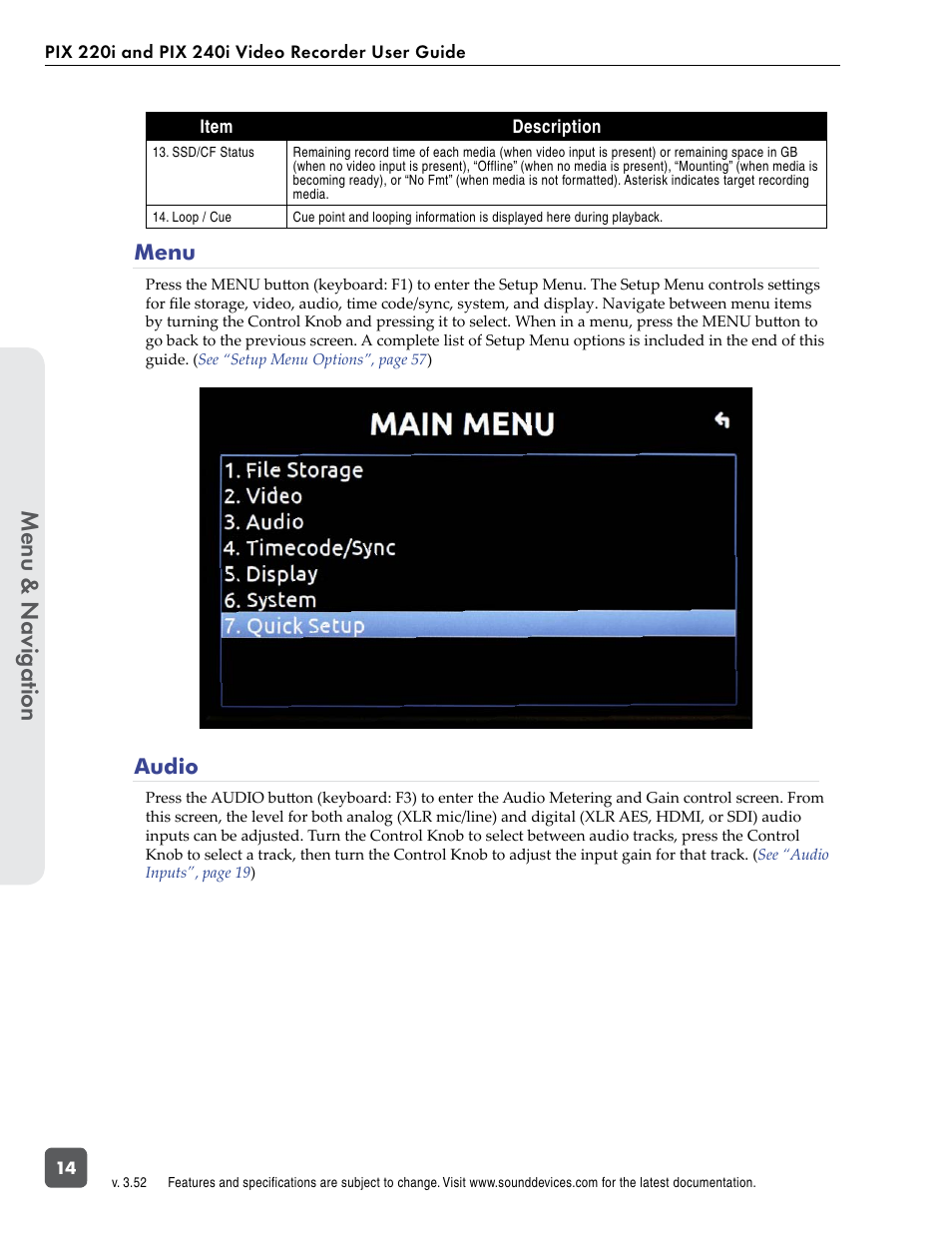 Menu, Audio, Menu audio | Menu & n avig ation | Sound Devices PIX 220i User Manual | Page 16 / 75