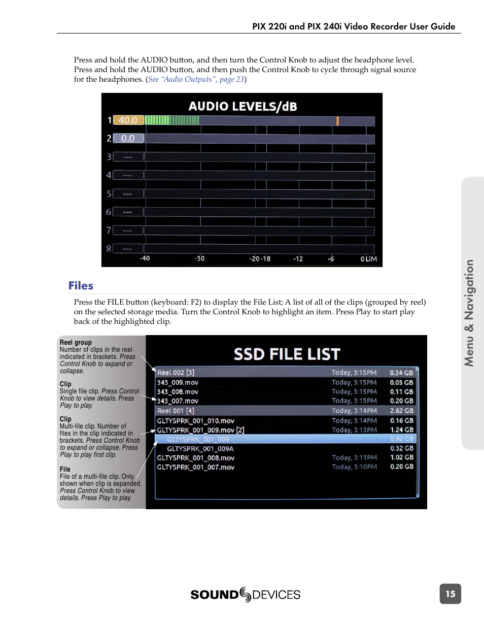 Files, Menu & n avig ation | Sound Devices PIX 220i User Manual | Page 17 / 75