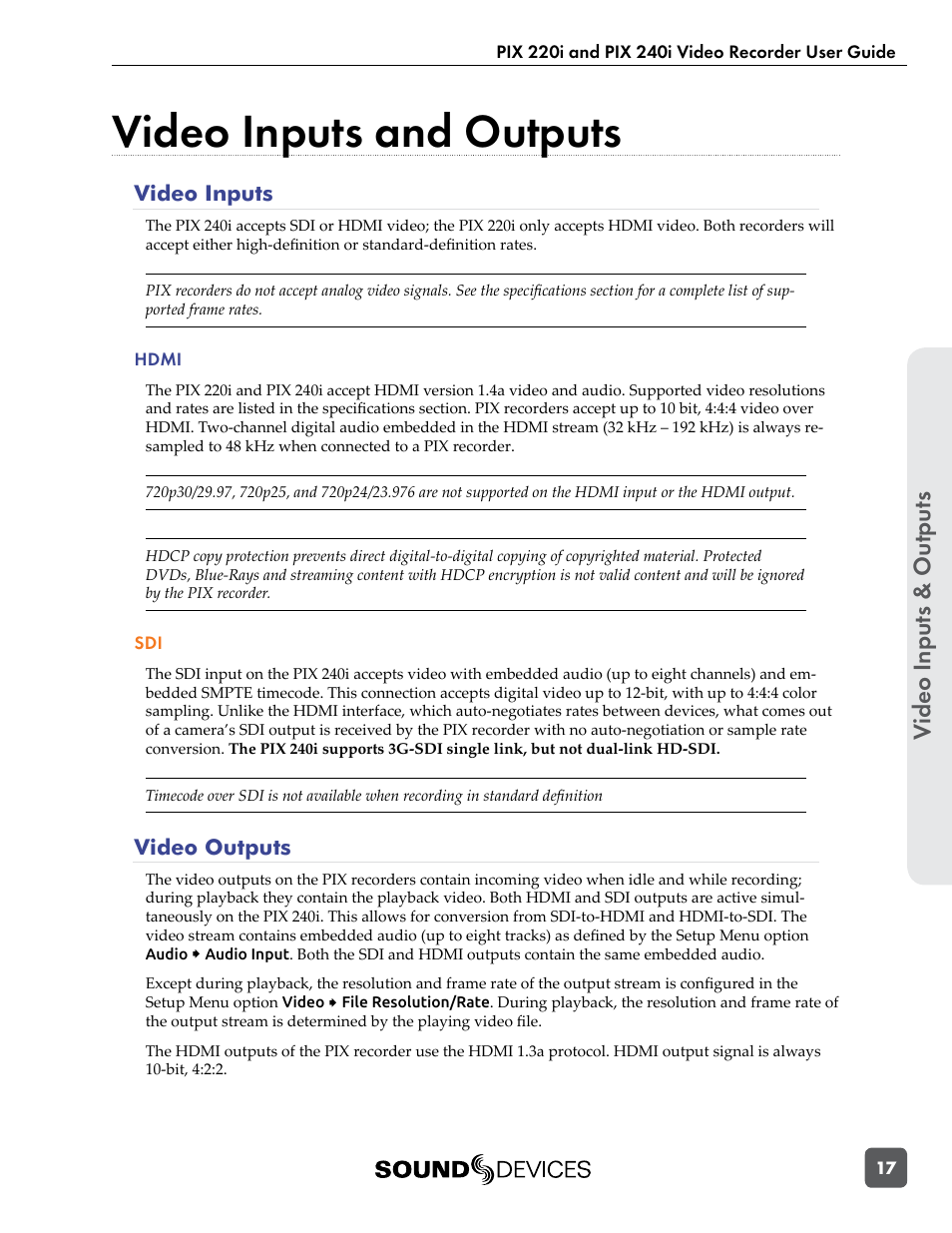 Video inputs and outputs, Video inputs, Video outputs | Video in puts & outputs | Sound Devices PIX 220i User Manual | Page 19 / 75