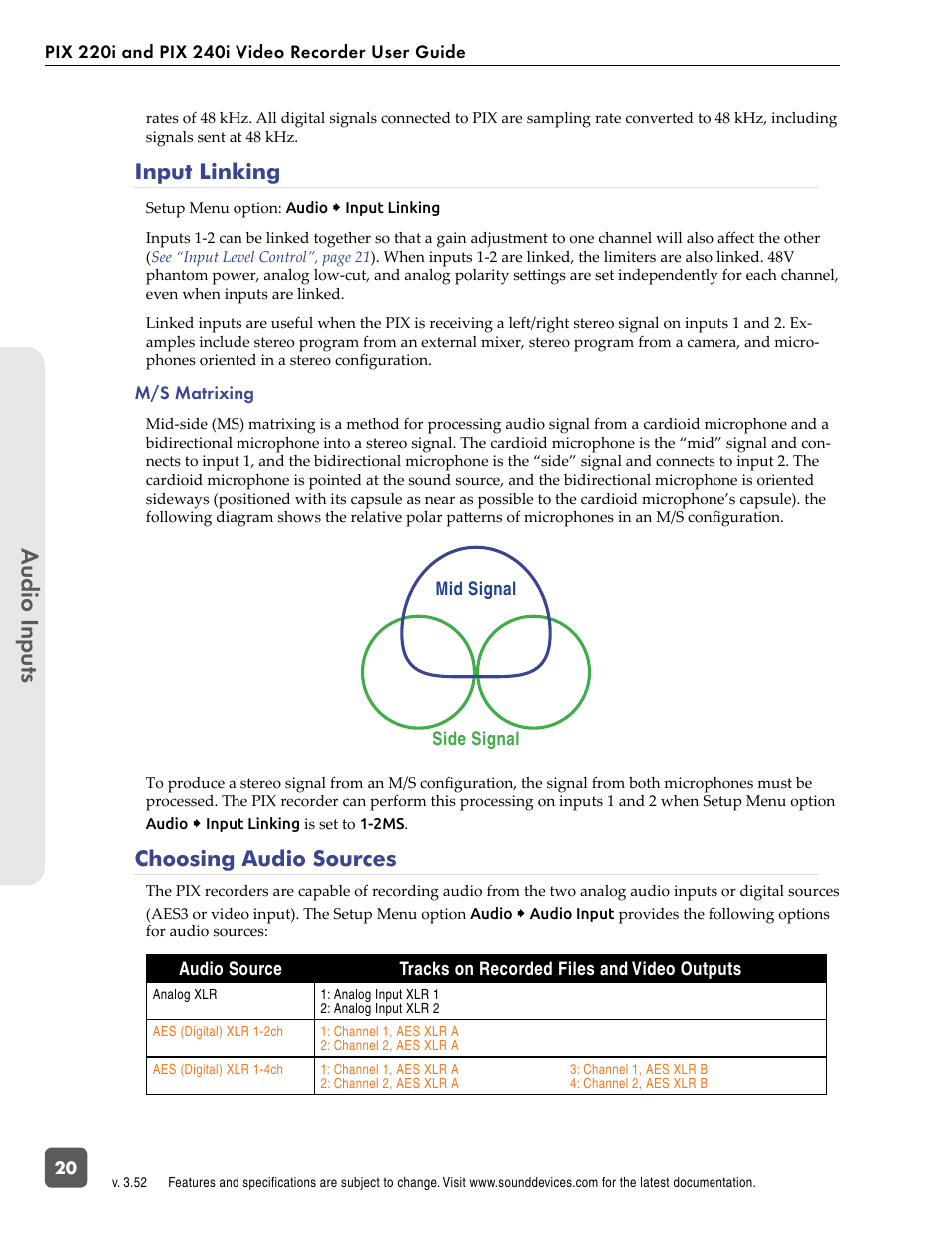 Input linking, Choosing audio sources, Audio in puts | Sound Devices PIX 220i User Manual | Page 22 / 75