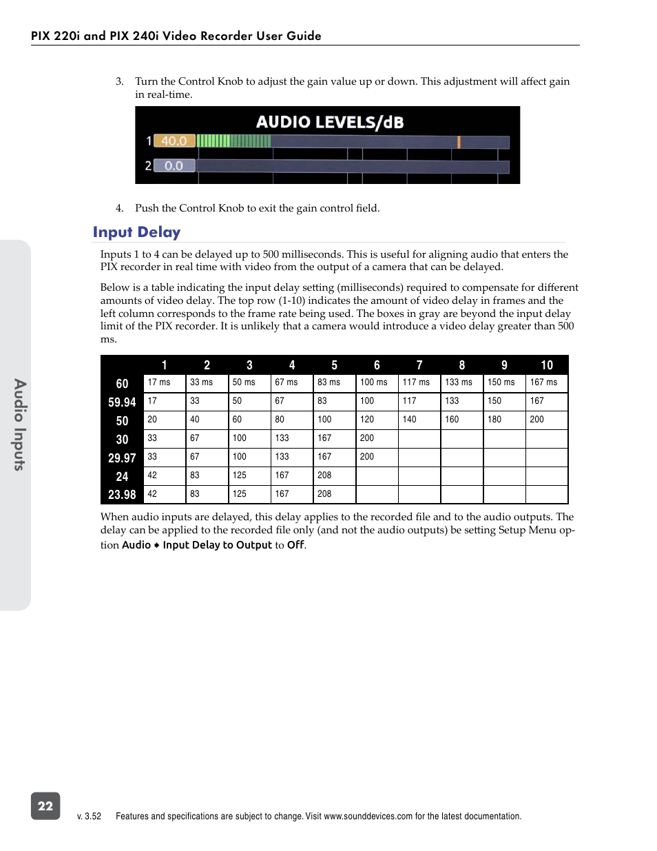 Input delay, Audio in puts | Sound Devices PIX 220i User Manual | Page 24 / 75