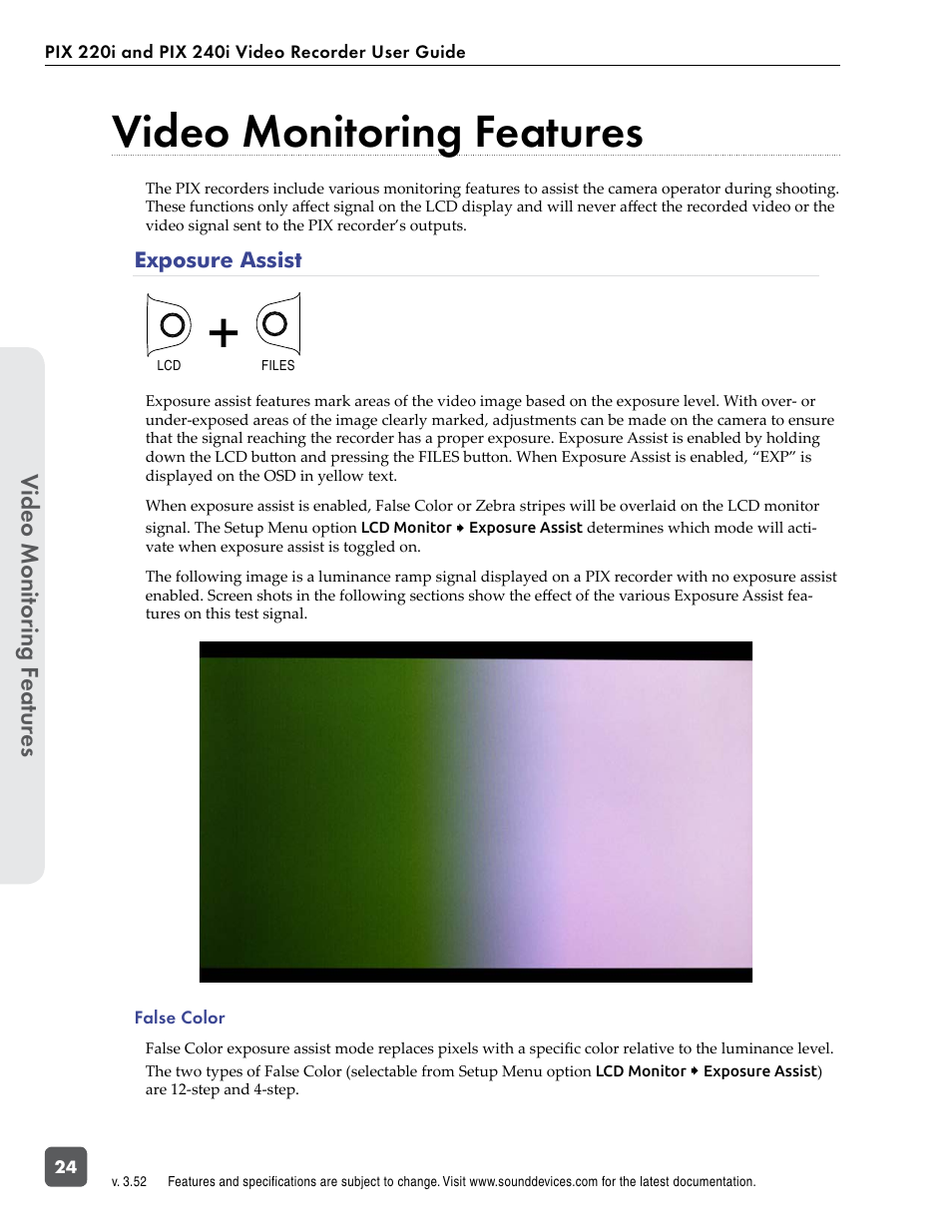 Video monitoring features, Exposure assist, Video monit or ing f eatur es | Sound Devices PIX 220i User Manual | Page 26 / 75
