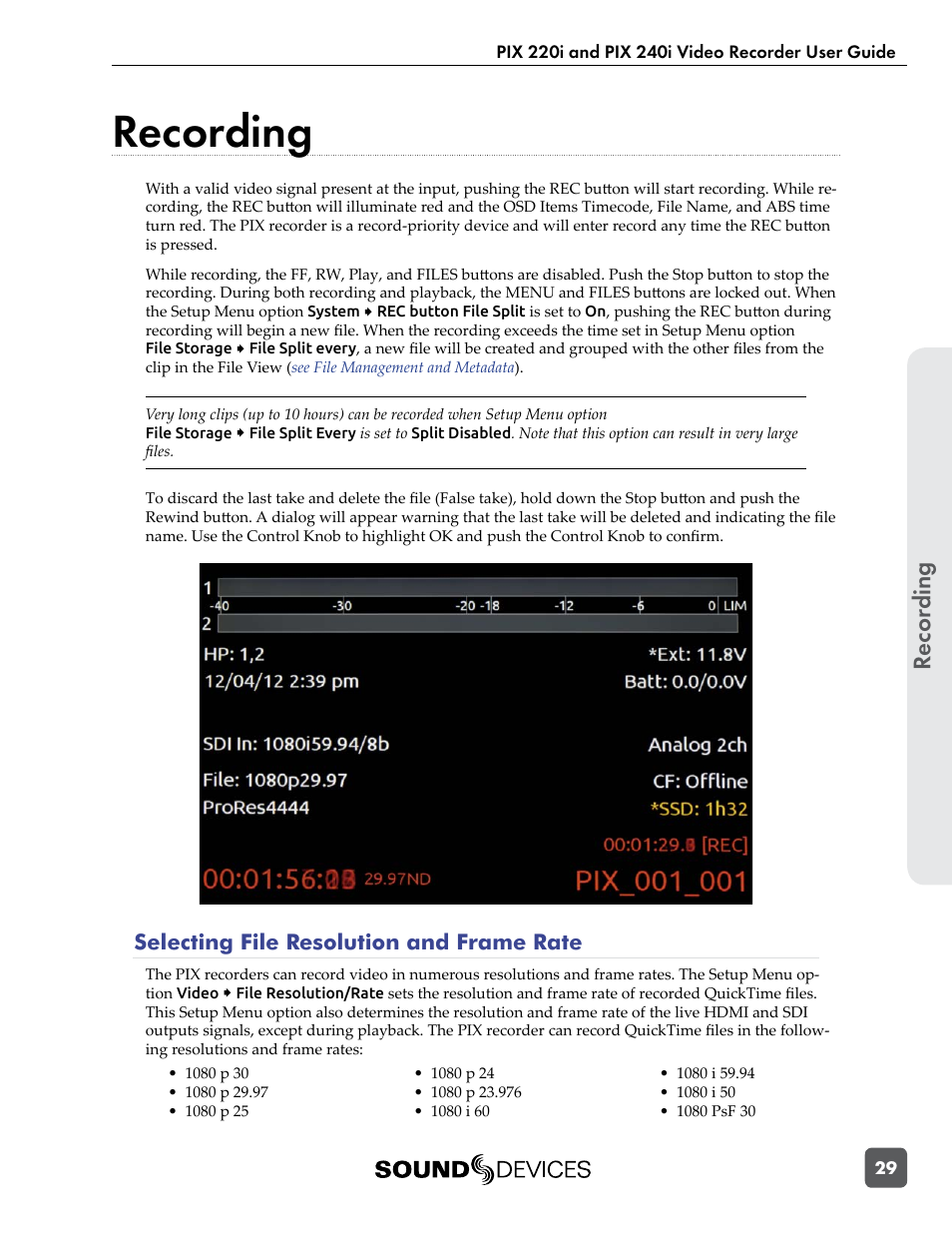 Recording, Selecting file resolution and frame rate, Recor ding | Sound Devices PIX 220i User Manual | Page 31 / 75