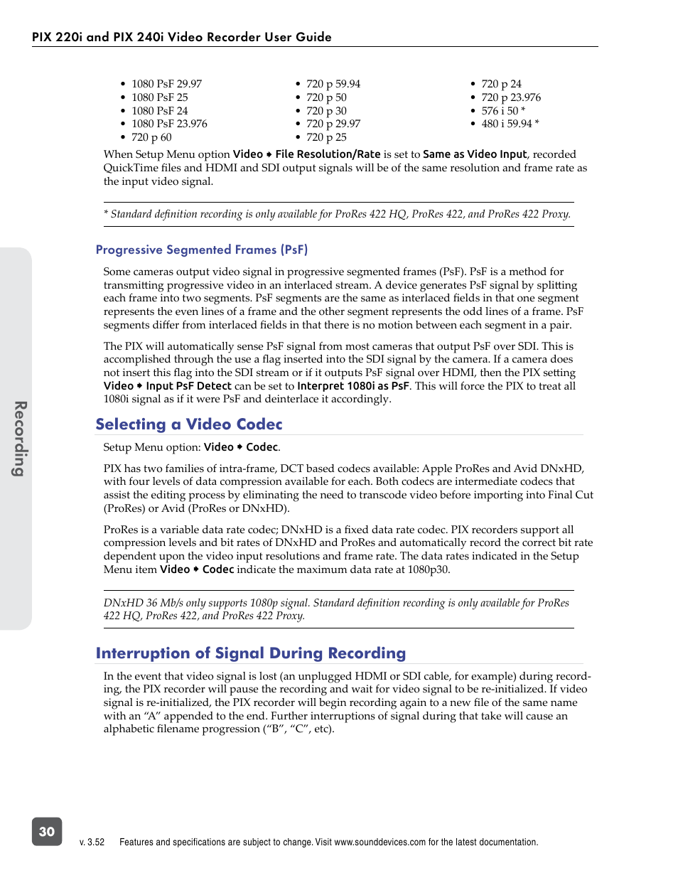 Selecting a video codec, Interruption of signal during recording, Recor ding | Sound Devices PIX 220i User Manual | Page 32 / 75