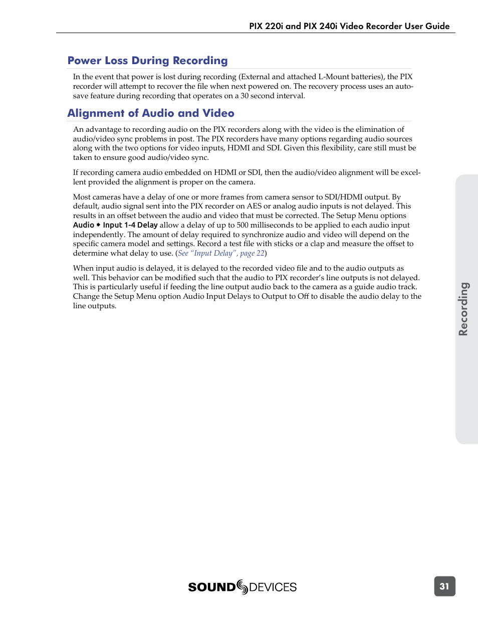 Power loss during recording, Alignment of audio and video, Recor ding | Sound Devices PIX 220i User Manual | Page 33 / 75