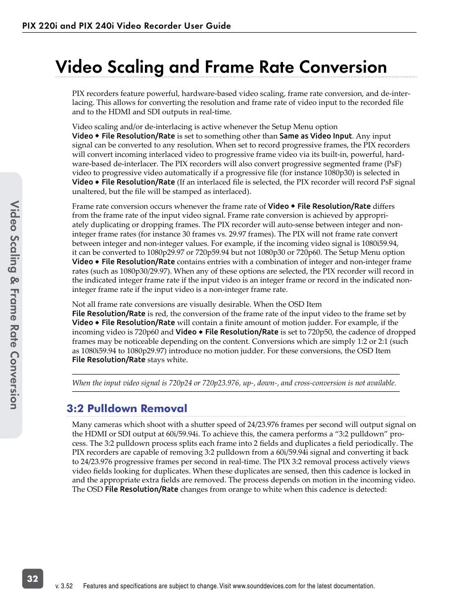 Video scaling and frame rate conversion, 2 pulldown removal, Video scaling & f rame r at e con ver sion | Sound Devices PIX 220i User Manual | Page 34 / 75