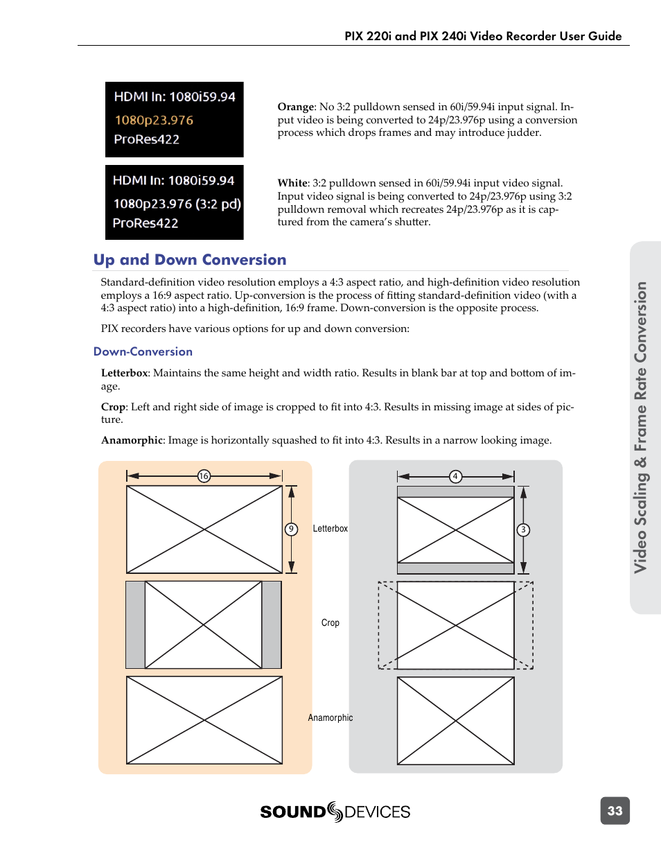 Up and down conversion, Video scaling & f rame r at e con ver sion | Sound Devices PIX 220i User Manual | Page 35 / 75