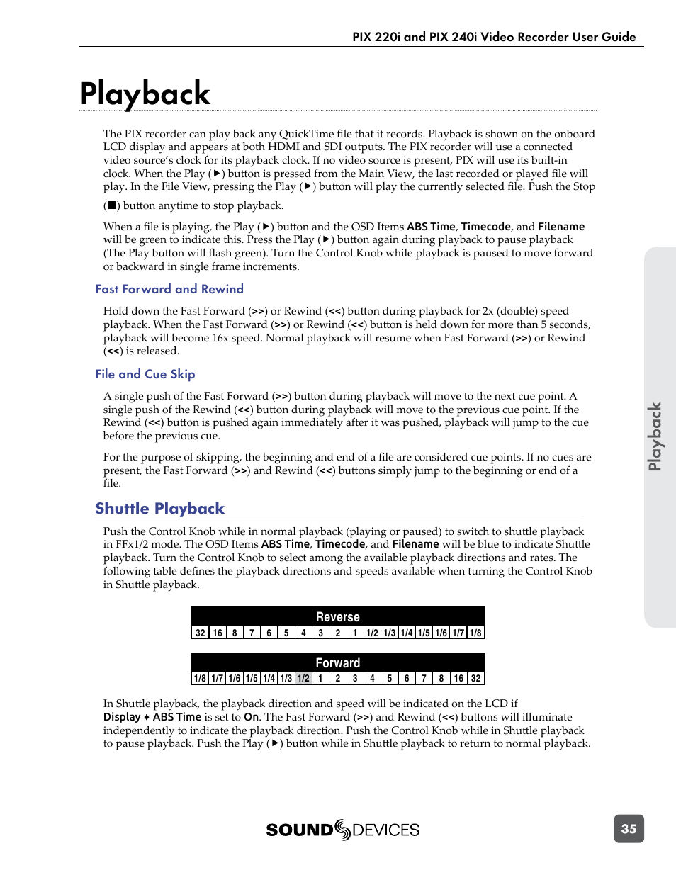 Playback, Shuttle playback, Pla ybac k | Sound Devices PIX 220i User Manual | Page 37 / 75