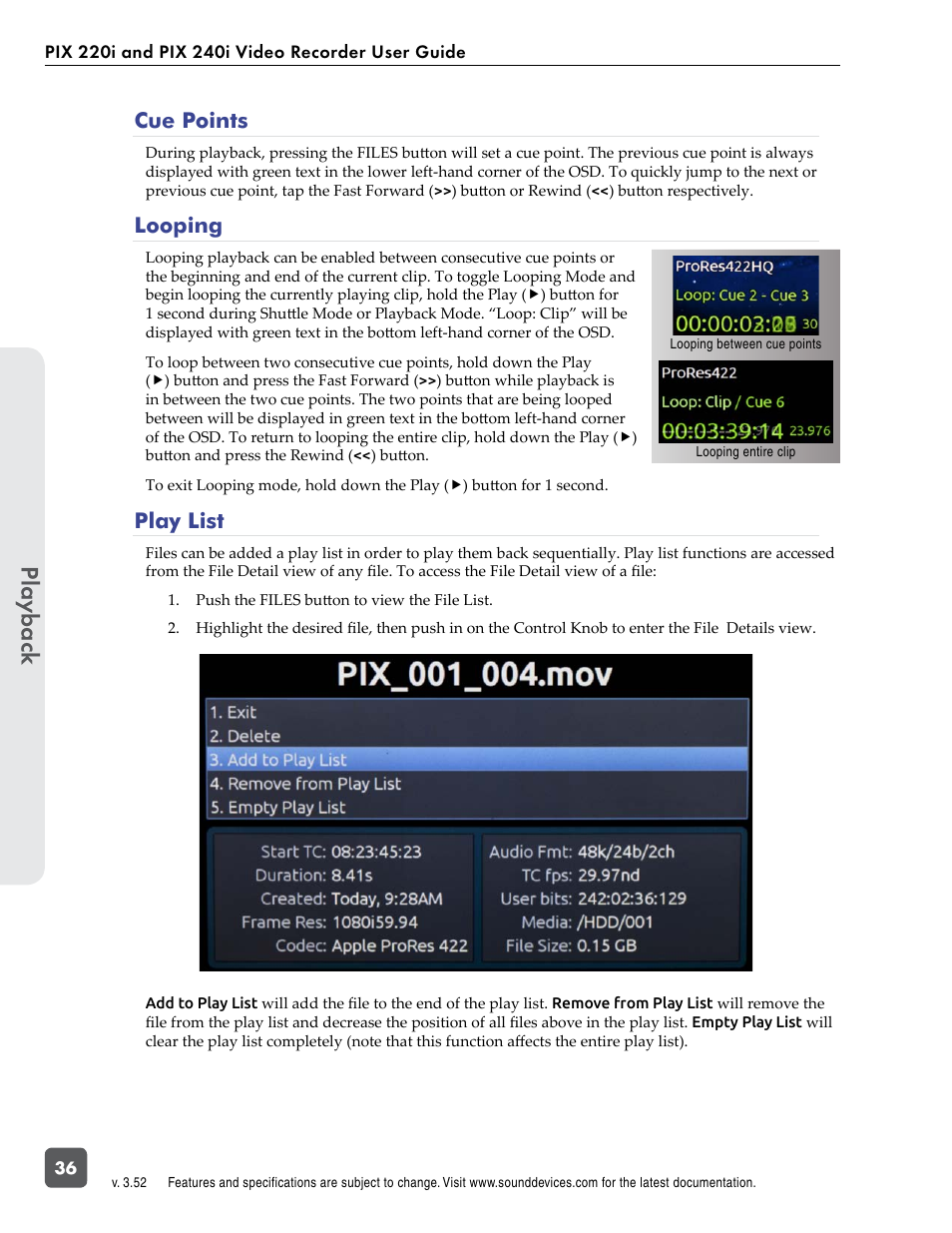 Cue points, Looping, Play list | Cue points looping, Pla ybac k | Sound Devices PIX 220i User Manual | Page 38 / 75