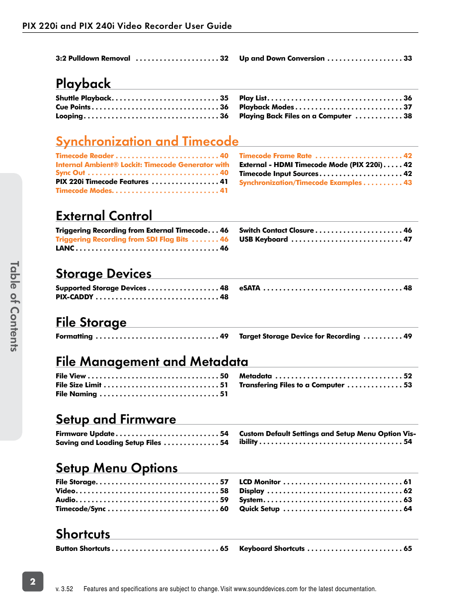 Playback, Synchronization and timecode, External control | Storage devices, File storage, File management and metadata, Setup and firmware, Setup menu options, Shortcuts, Table of cont ents | Sound Devices PIX 220i User Manual | Page 4 / 75