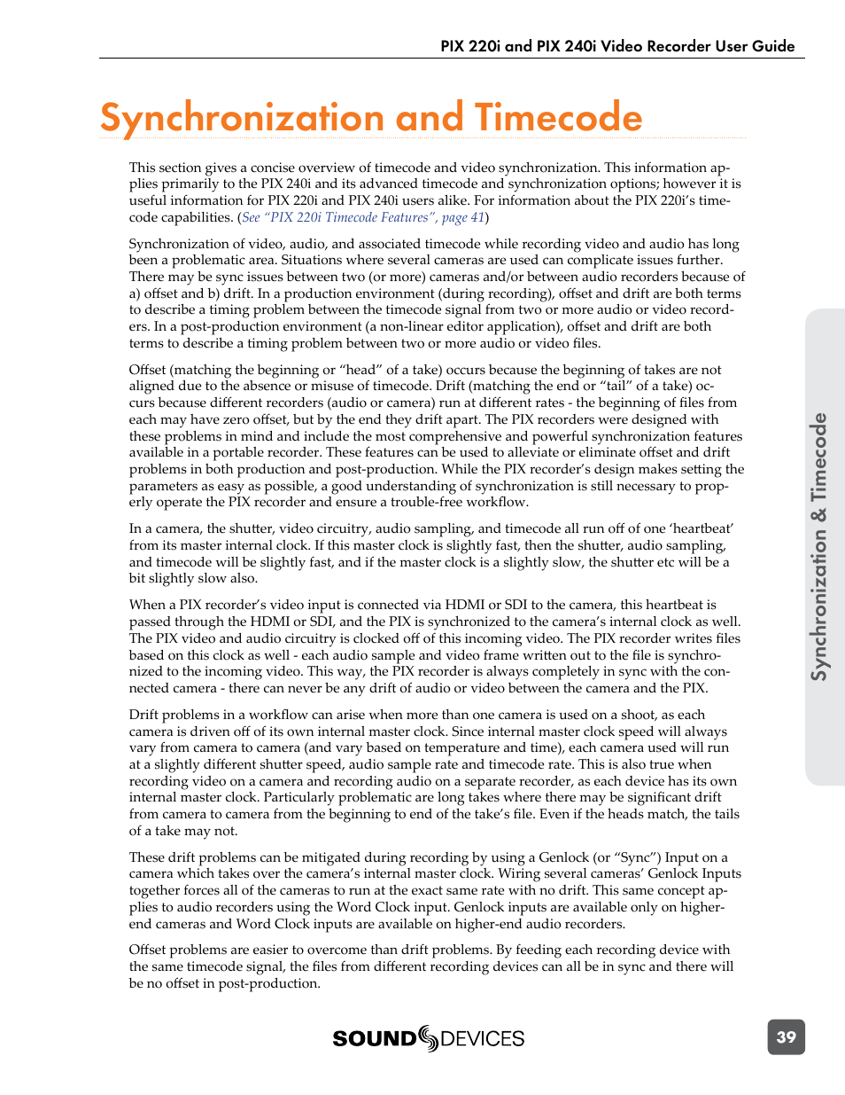 Synchronization and timecode, Sync hr onization & t imecode | Sound Devices PIX 220i User Manual | Page 41 / 75