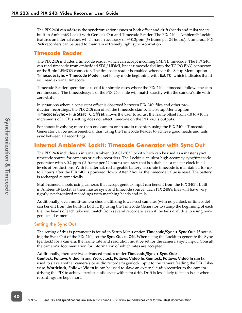 Timecode reader, Sync out, Sync hr onization & t imecode | Sound Devices PIX 220i User Manual | Page 42 / 75