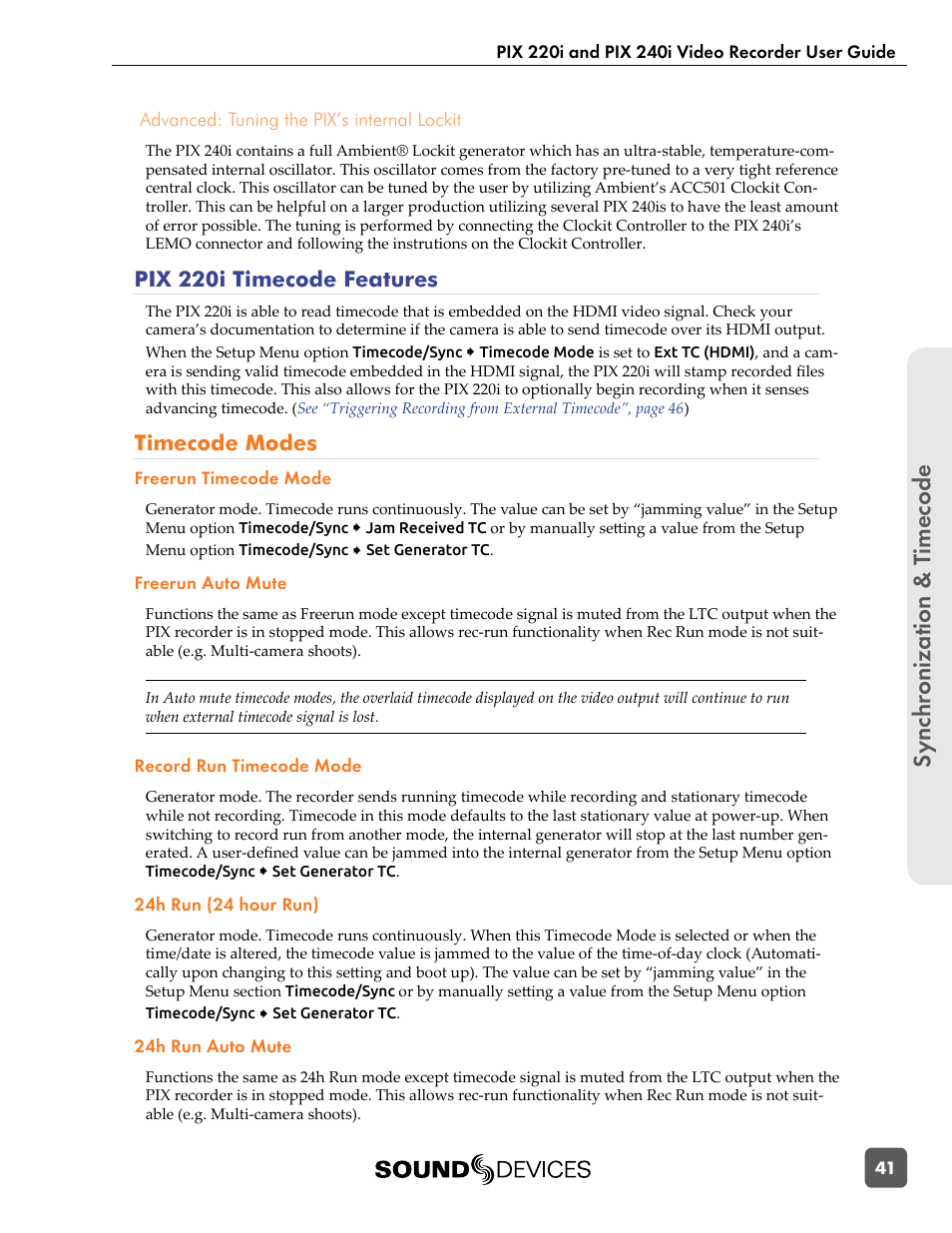 Pix 220i timecode features, Timecode modes, Sync hr onization & t imecode | Sound Devices PIX 220i User Manual | Page 43 / 75