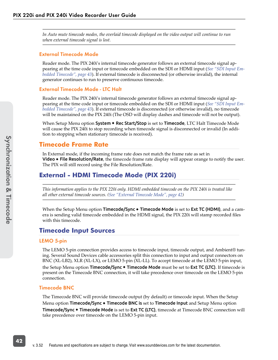 Timecode frame rate, External - hdmi timecode mode (pix 220i), Timecode input sources | Sync hr onization & t imecode | Sound Devices PIX 220i User Manual | Page 44 / 75