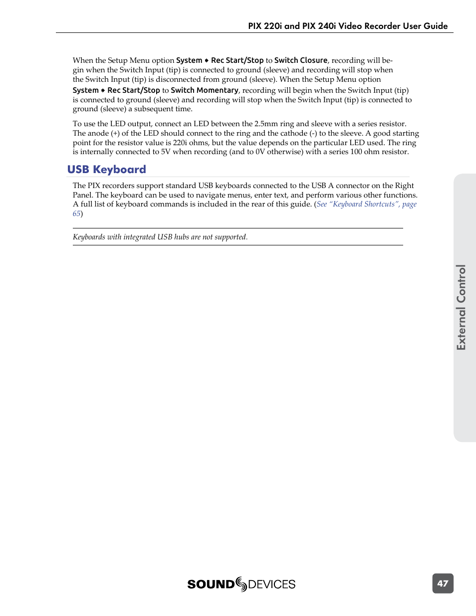 Usb keyboard, Ext er nal contr ol | Sound Devices PIX 220i User Manual | Page 49 / 75