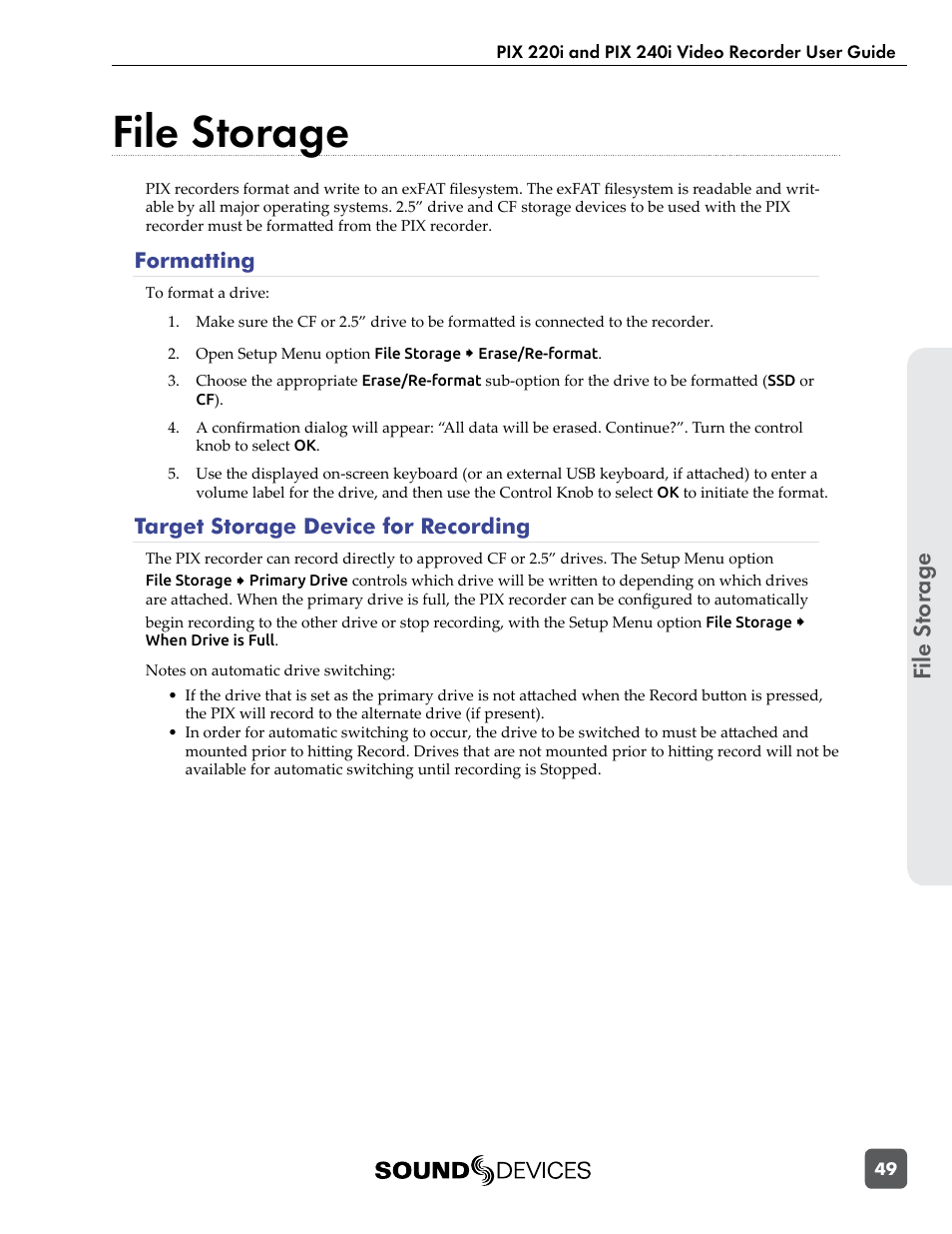 File storage, Formatting, Target storage device for recording | File s tor ag e | Sound Devices PIX 220i User Manual | Page 51 / 75