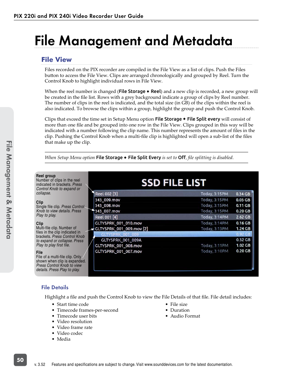 File management and metadata, File view, See “file management and | See “file, File manag ement & me tadata | Sound Devices PIX 220i User Manual | Page 52 / 75