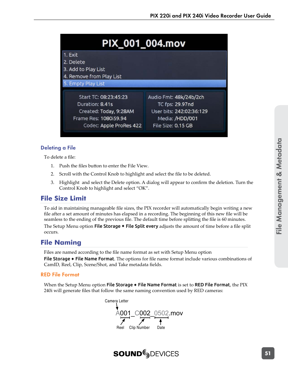 File size limit, File naming, File size limit file naming | File manag ement & me tadata | Sound Devices PIX 220i User Manual | Page 53 / 75