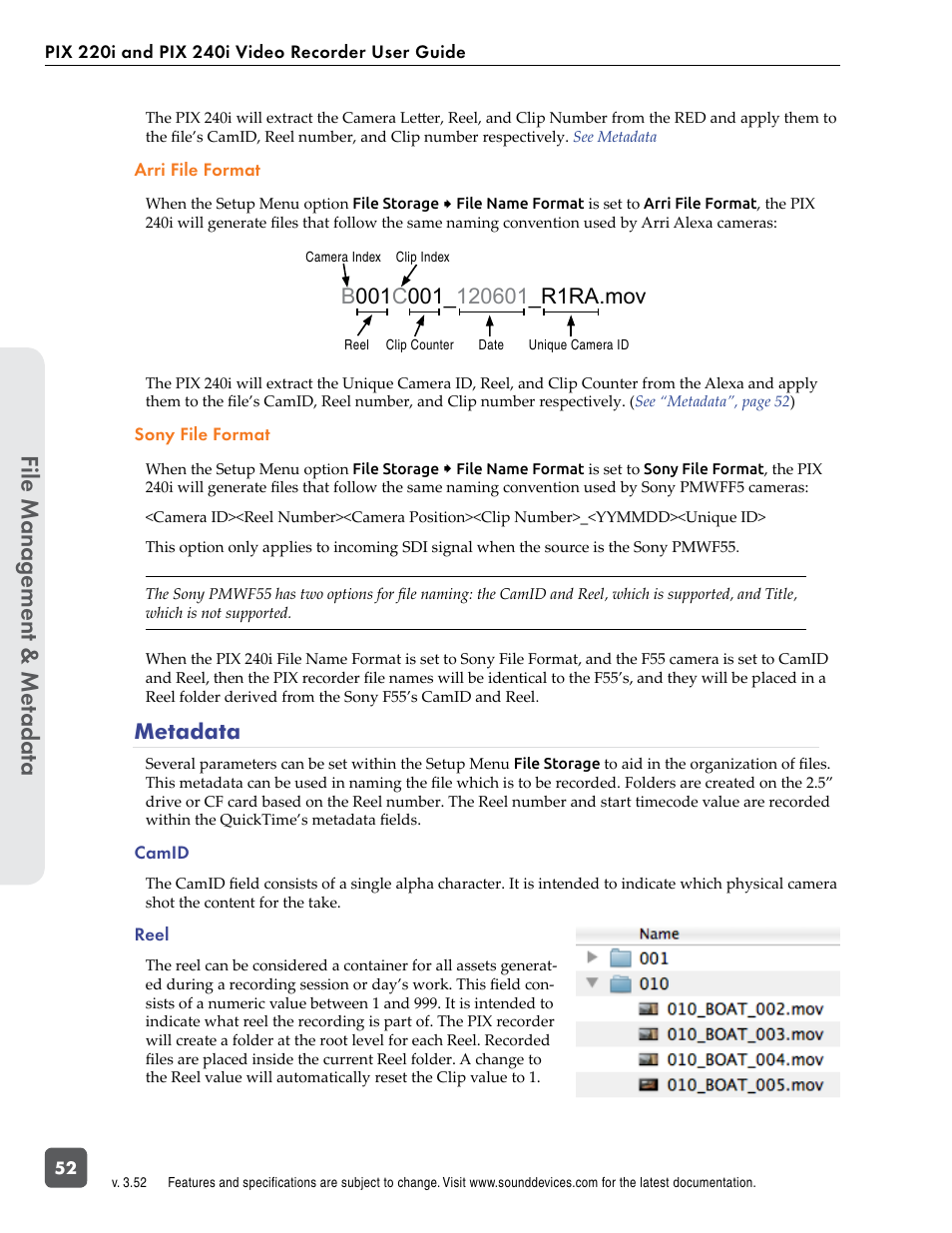 Metadata, File manag ement & me tadata | Sound Devices PIX 220i User Manual | Page 54 / 75