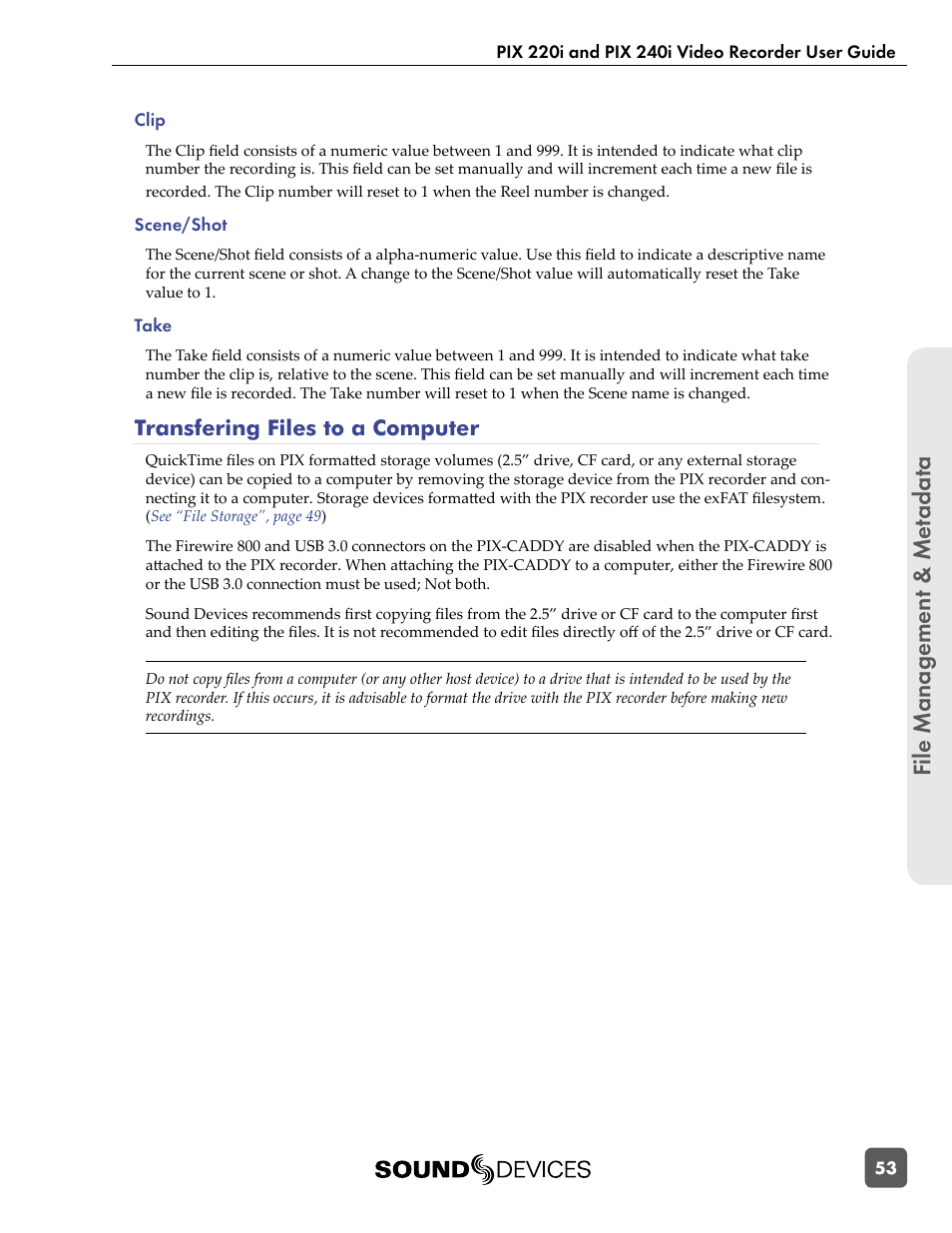 Transfering files to a computer, File manag ement & me tadata | Sound Devices PIX 220i User Manual | Page 55 / 75