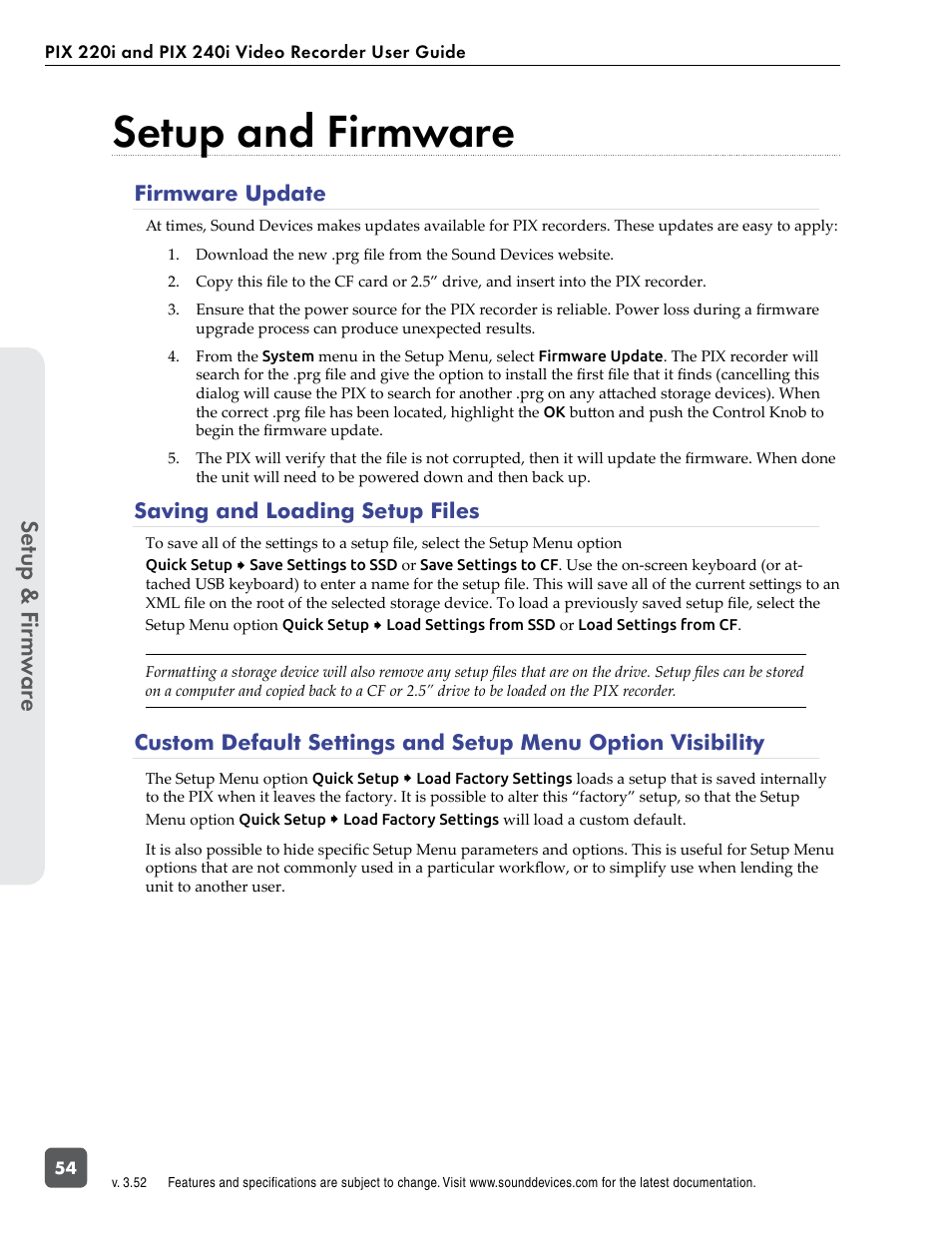 Setup and firmware, Firmware update, Saving and loading setup files | Firmware update saving and loading setup files, Se tup & f ir m w ar e | Sound Devices PIX 220i User Manual | Page 56 / 75
