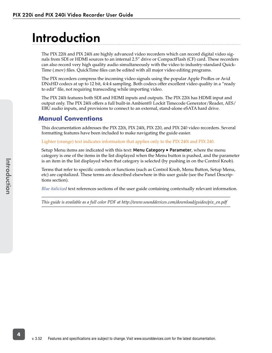 Introduction, Manual conventions, Intr oduction | Sound Devices PIX 220i User Manual | Page 6 / 75
