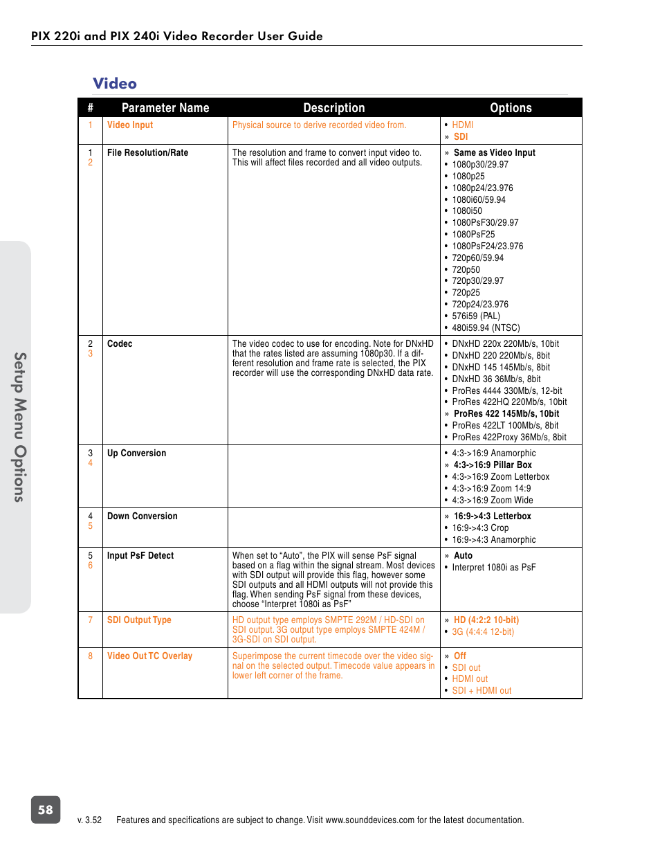 Video, Se tup menu op tions | Sound Devices PIX 220i User Manual | Page 60 / 75