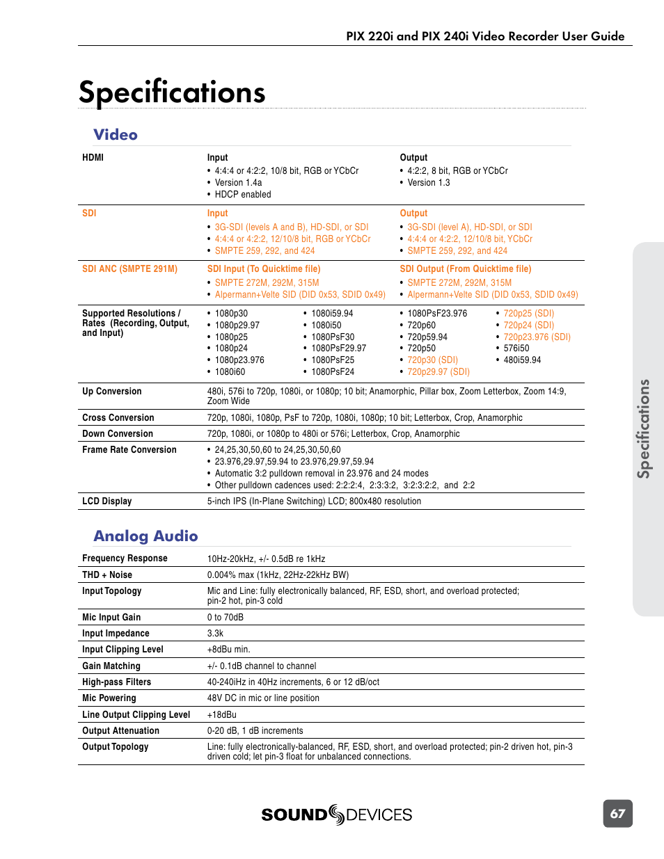 Specifications, Video, Analog audio | Video analog audio | Sound Devices PIX 220i User Manual | Page 69 / 75