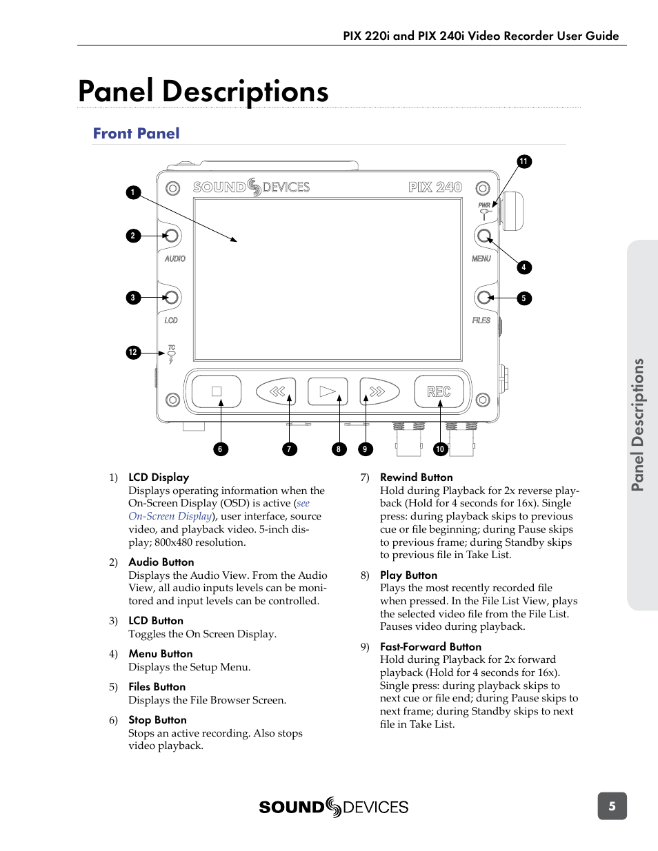 Panel descriptions, Front panel, Panel descr ip tions | Sound Devices PIX 220i User Manual | Page 7 / 75