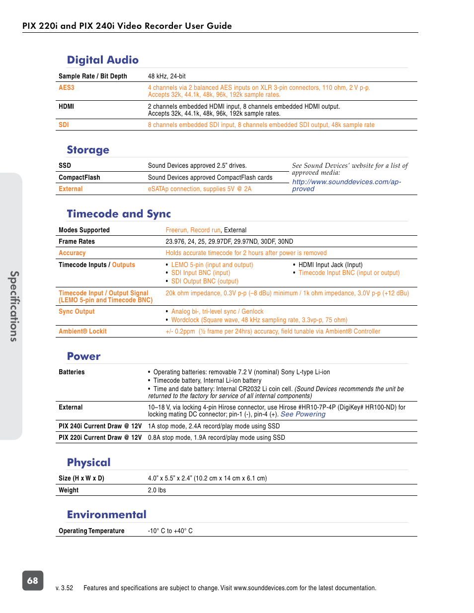 Digital audio, Storage, Timecode and sync | Power, Physical, Environmental, Digital audio storage, Timecode and sync power physical environmental, Specifications | Sound Devices PIX 220i User Manual | Page 70 / 75