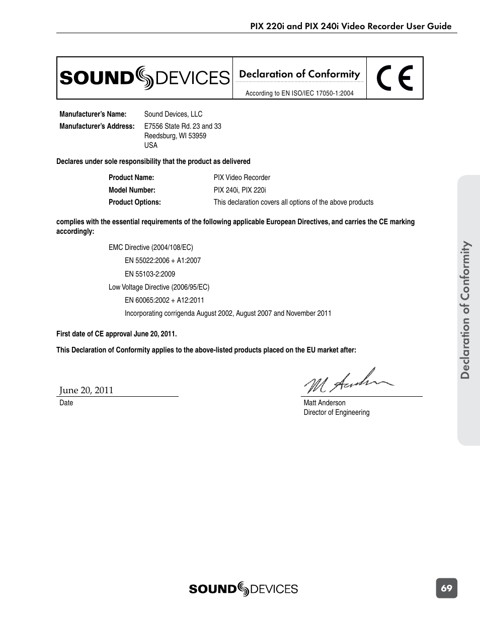 Declaration of conformity, Declar ation of confor mity | Sound Devices PIX 220i User Manual | Page 71 / 75
