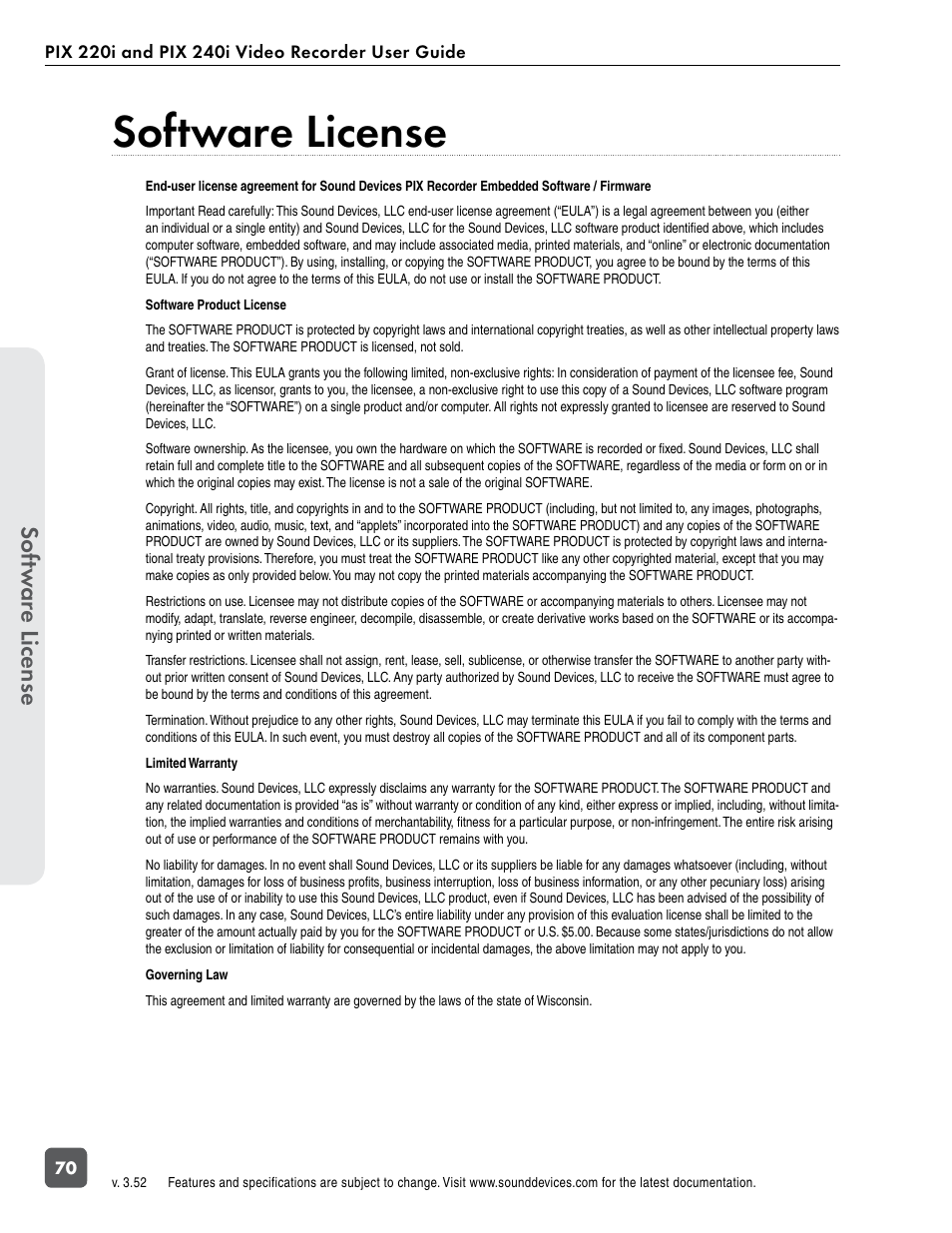 Software license, Sof tw ar e license | Sound Devices PIX 220i User Manual | Page 72 / 75