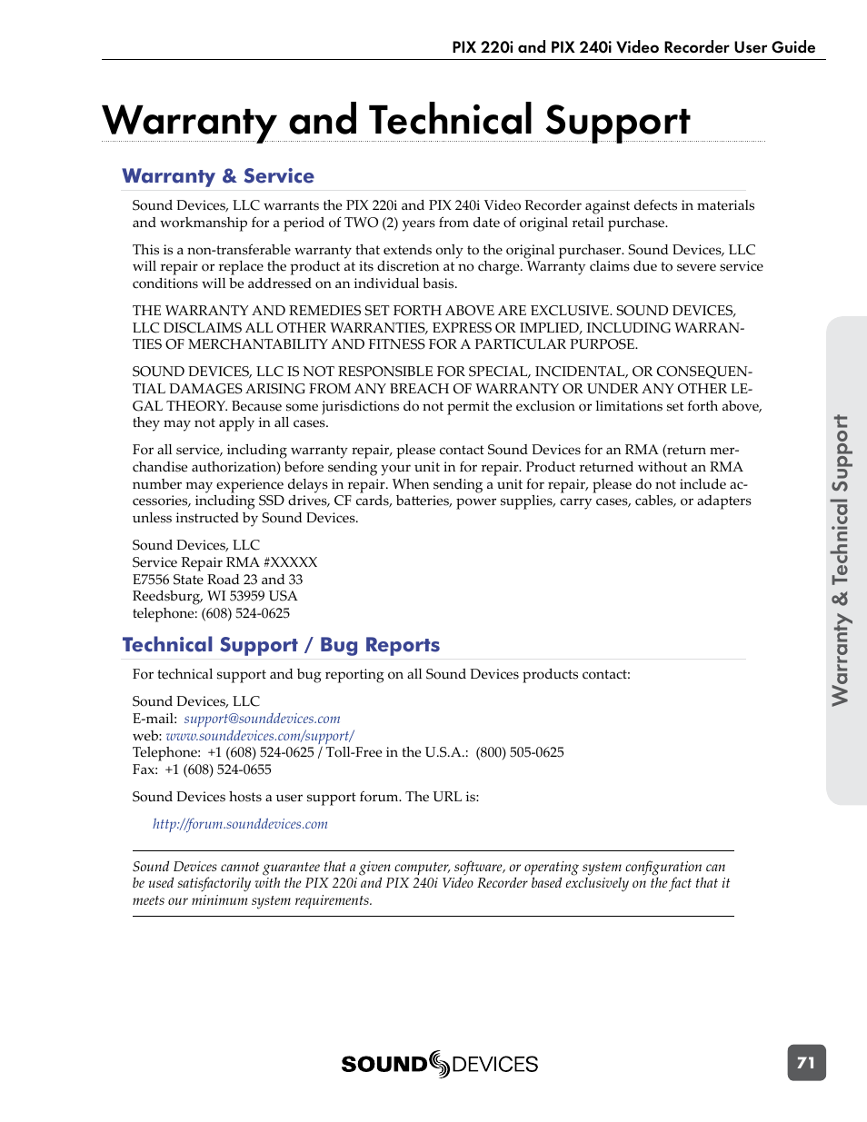 Warranty and technical support, Warranty & service, Technical support / bug reports | Warranty & service technical support / bug reports, War ranty & t ec hnical suppor t | Sound Devices PIX 220i User Manual | Page 73 / 75