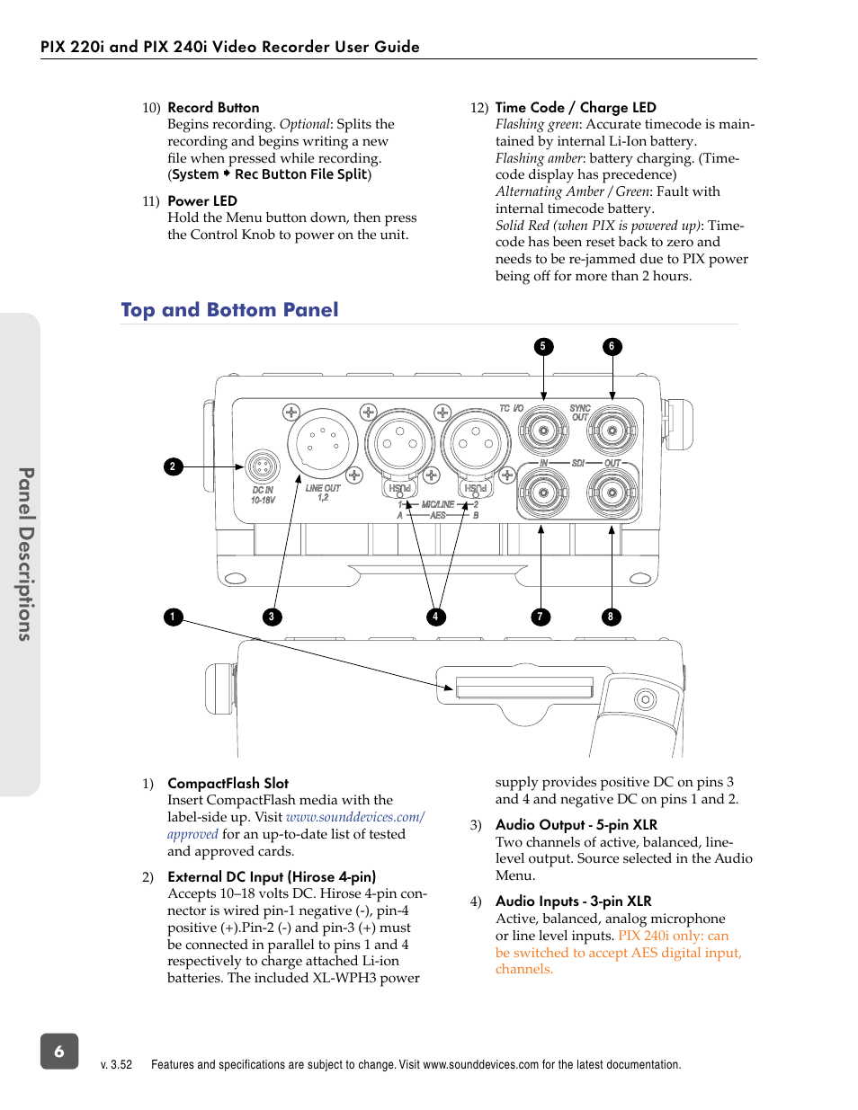 Top and bottom panel, Panel descr ip tions | Sound Devices PIX 220i User Manual | Page 8 / 75