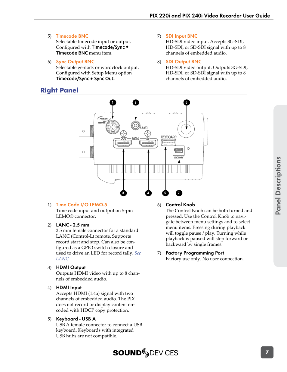 Right panel, Panel descr ip tions | Sound Devices PIX 220i User Manual | Page 9 / 75