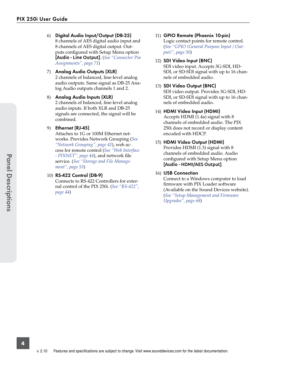 Panel descr ip tions | Sound Devices PIX 250i User Manual | Page 10 / 86